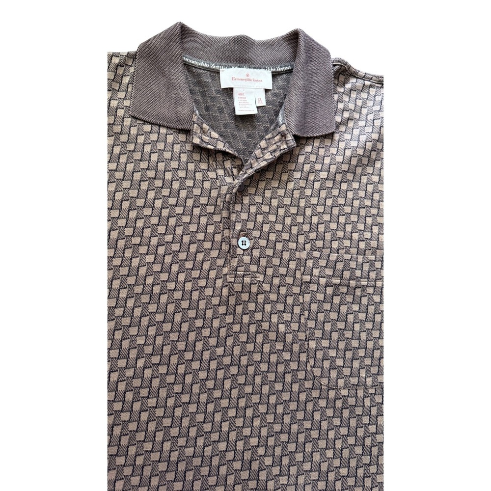 Ermenegildo Zegna Mens XL Brown Geometric Basketweave Cotton Polo Shirt Italy